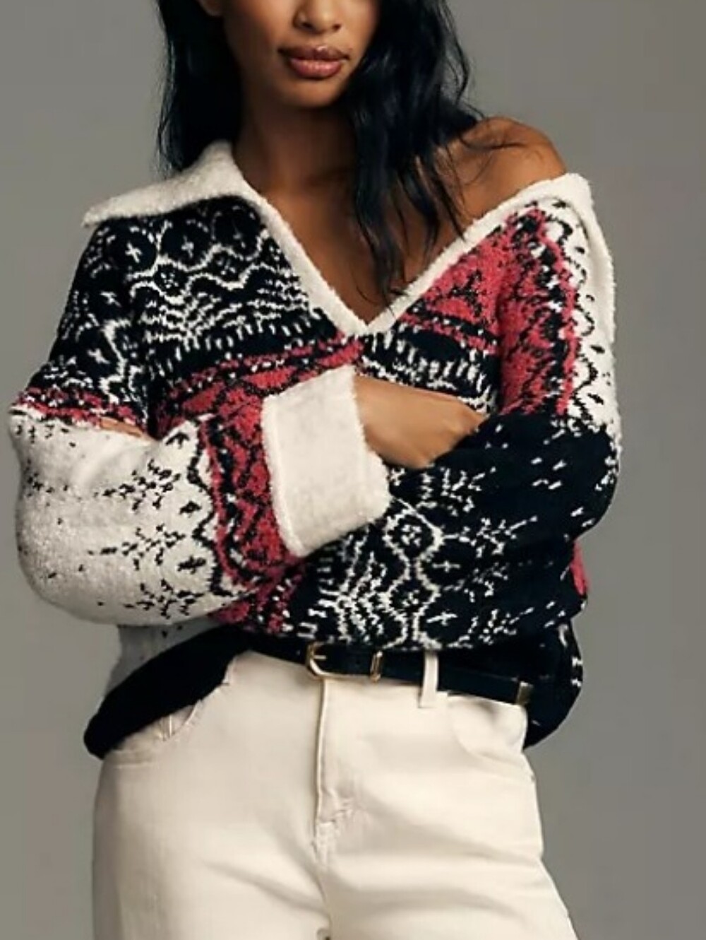 Anthropologie Pilcro V-Neck Fuzzy Printed Popover Sweater